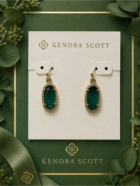 Kendra Scott Gold Drop Earrings with Deep Emerald Green Stones